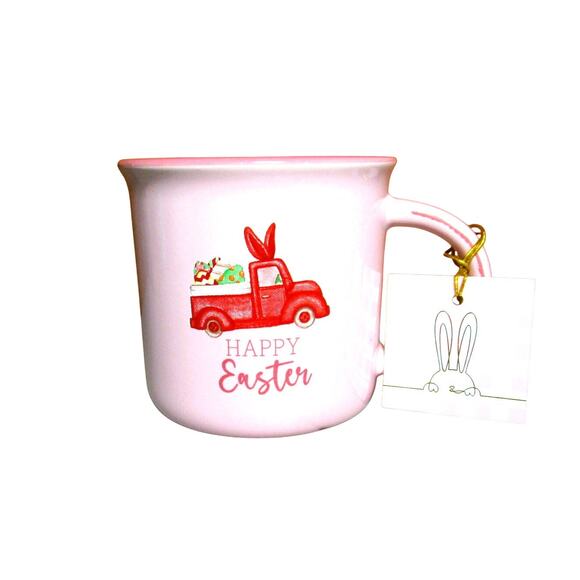 Easter Mug Pink Ceramic Handle 16 ounces Bunny Truck with Eggs Dishwasher Safe - Picture 1 of 3